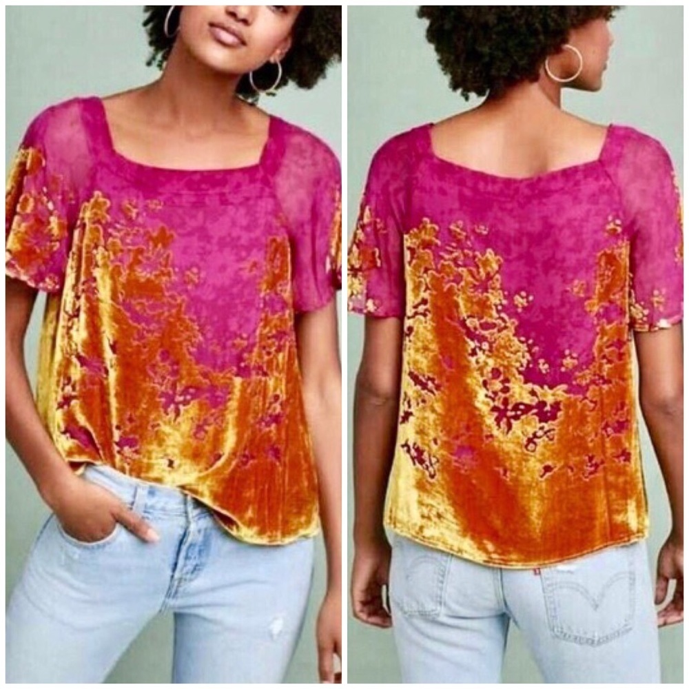 Anthropologie Maeve Boho Burnout Shimmer Top XS ombré pink gold velvet